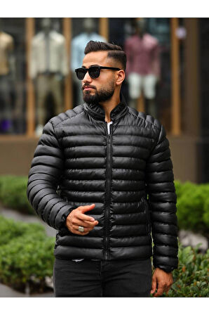 Erkek Siyah Dolum Deri Şişme Mont