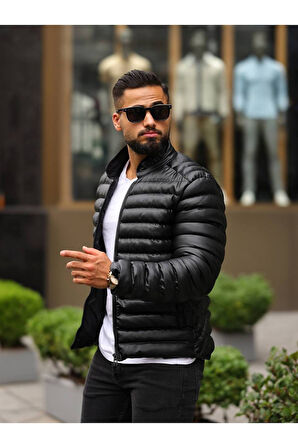 Erkek Siyah Dolum Deri Şişme Mont