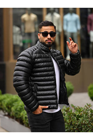 Erkek Siyah Dolum Deri Şişme Mont