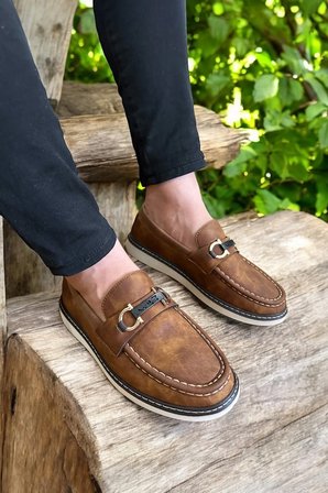 Lacivert Deri Loafer Ayakkabı Metal Tokalı Beyaz Dikiş Detaylı Konforlu Casual Ayakkabı AÇIK KAHVE / 43
