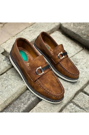 Lacivert Deri Loafer Ayakkabı Metal Tokalı Beyaz Dikiş Detaylı Konforlu Casual Ayakkabı AÇIK KAHVE / 43