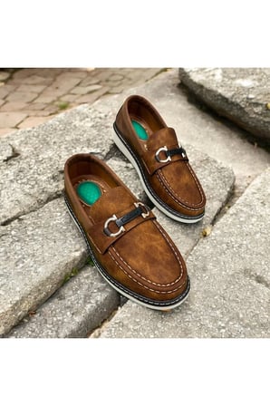 Lacivert Deri Loafer Ayakkabı Metal Tokalı Beyaz Dikiş Detaylı Konforlu Casual Ayakkabı AÇIK KAHVE / 43