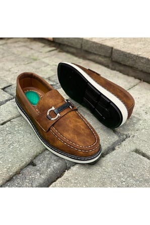 Lacivert Deri Loafer Ayakkabı Metal Tokalı Beyaz Dikiş Detaylı Konforlu Casual Ayakkabı AÇIK KAHVE / 43