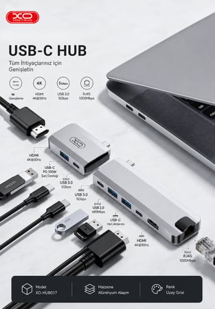 9 Portlu USB-C Hub  Yüksek Hızlı Veri Aktarımı 4K HDMI, USB 3.0, USB-C PD Destekli Alüminyum Çoklayıcı