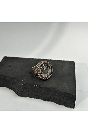 Yuvarlak Ay Yıldız Besmele Modeli Erkek Gümüş Yüzük 925 gram