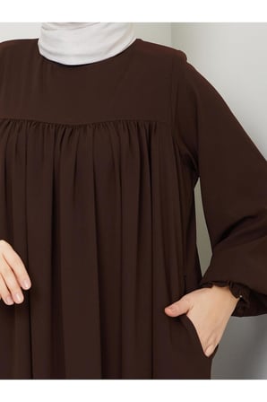 Kahverengi Medine İpeği Robalı Uzun Elbise 140 cm Şık Tesettür Elbise