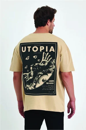 Lenithra Travis Scott Utopia Sırt Baskılı Unisex Oversize T-shirt Bej / 2XL