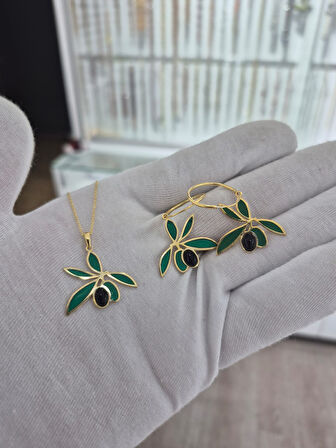 925 Ayar Papatya silver zeytin kolye küpe set.onix taşlı zeytin set.doğum taşlı zeytin set.rose.gold.rodaj