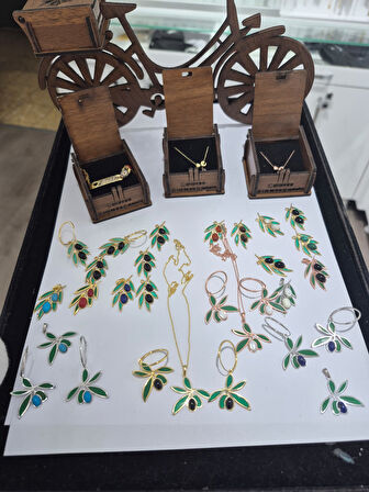 925 Ayar Papatya silver zeytin kolye küpe set.onix taşlı zeytin set.doğum taşlı zeytin set.rose.gold.rodaj