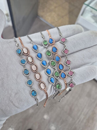 925 Ayar Papatya silver kedi gözlü taşlı ithal bileklik.rose.gold.rodaj