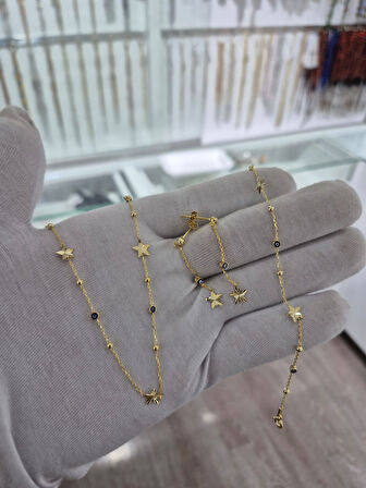 925 Ayar Papatya silver kalemli yıldız takım set.nazar gözlü kolye.yıldızların dansı set.rose.gold.rodaj