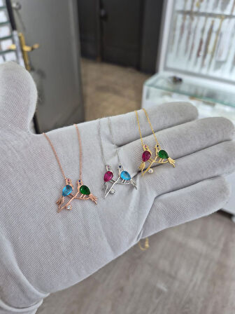 925 Ayar Papatya Silver çifte kumrular kolye.kuş kolye.sevgili kolye.doğum ayı kolye.rose.gold.rodaj