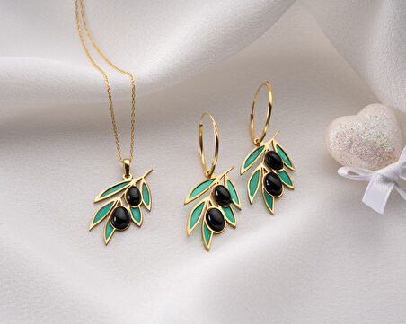 925 Ayar Papatya Silver onix taşlı zeytin küpe kolye set.rose.gold.rodaj