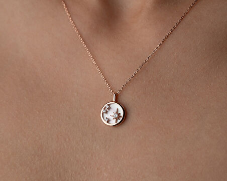 925 Ayar Papatya Silver kutup yıldızı kolye.sedef kolye.rose.gold.rodaj