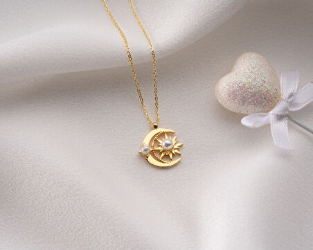 925 Ayar Papatya Silver ay güneş kolye.incili kolye.rose.gold.rodaj