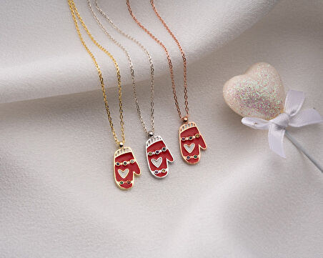 925 Ayar Papatya Silver Kırmızı eldiven kolye.rose.gold.rodaj