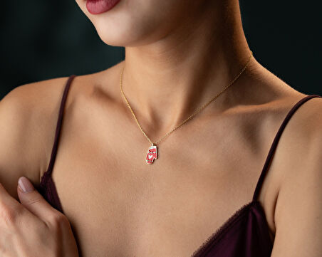 925 Ayar Papatya Silver Kırmızı eldiven kolye.rose.gold.rodaj