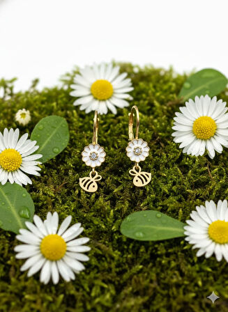 925 Ayar Papatya Silver papatya arı küpe.rose.gold.rodaj