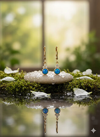 925 Ayar Papatya Silver mavi opal taşlı küpe.rose.gold.rodaj