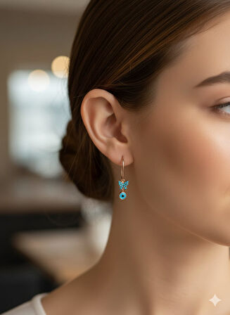 925 Ayar Papatya Silver firuze taşlı nazar küpe.firuze kelebek küpe.nazar küpe.rose.gold.rodaj