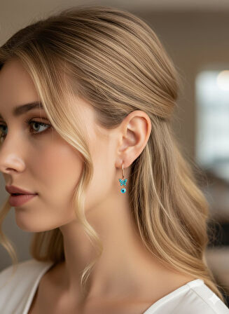 925 Ayar Papatya Silver firuze taşlı nazar küpe.firuze kelebek küpe.nazar küpe.rose.gold.rodaj