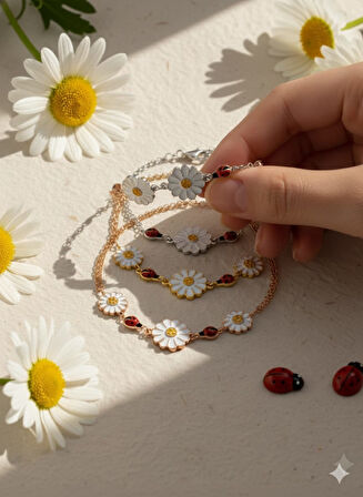 925 Ayar Papatya Silver uğur böcekli papatya bileklik.rose.gold.rodaj