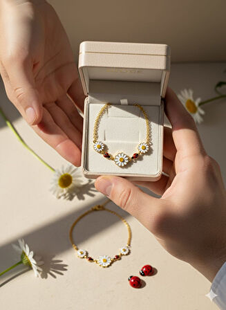 925 Ayar Papatya Silver uğur böcekli papatya bileklik.rose.gold.rodaj