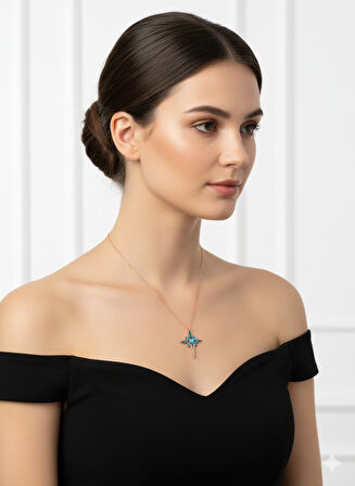 925 Ayar Papatya SilverMavi Opal Akışlı Kutup Yıldızı Kolye