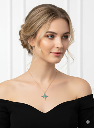 925 Ayar Papatya SilverMavi Opal Akışlı Kutup Yıldızı Kolye