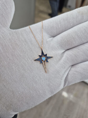 925 Ayar Papatya SilverMavi Opal Akışlı Kutup Yıldızı Kolye