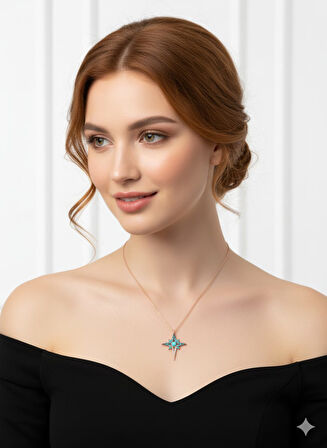 925 Ayar Papatya SilverMavi Opal Akışlı Kutup Yıldızı Kolye