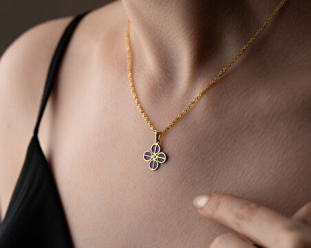 papatya silver 925 ayar dört yaprak lila pırlanta yonca kolye<rose,gold,rodaj>