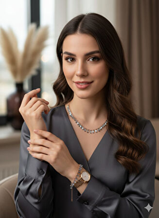 925 Ayar Papatya Silver Mistik Taşlı kolye bileklik set.rose.gold.rodaj