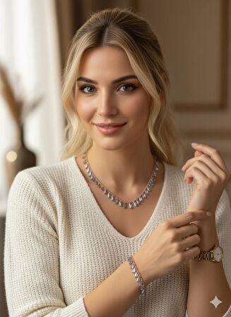 925 Ayar Papatya Silver Mistik Taşlı kolye bileklik set.rose.gold.rodaj