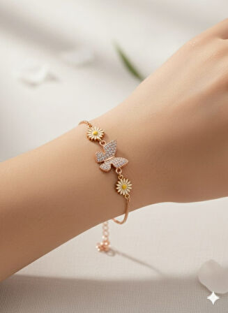 925 Ayar Papatya Silver papatya kelebek bileklik.rose.gold.rodaj