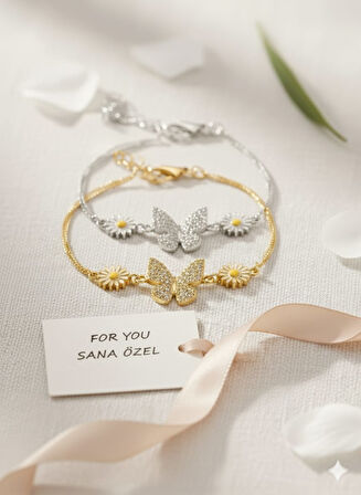 925 Ayar Papatya Silver papatya kelebek bileklik.rose.gold.rodaj