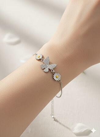 925 Ayar Papatya Silver papatya kelebek bileklik.rose.gold.rodaj