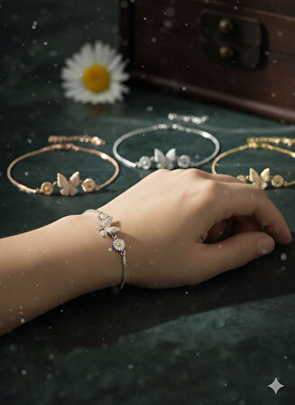 925 Ayar Papatya Silver papatya kelebek bileklik.rose.gold.rodaj