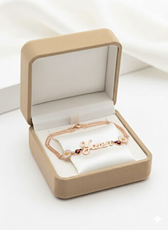 925 Ayar Papatya Silver Özel İsimli Uğur Böceği Papatya Bileklik.rose.gold.rodaj