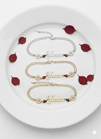 925 Ayar Papatya Silver Özel İsimli Uğur Böceği Papatya Bileklik.rose.gold.rodaj