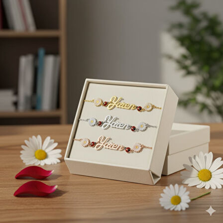 925 Ayar Papatya Silver Özel İsimli Uğur Böceği Papatya Bileklik.rose.gold.rodaj