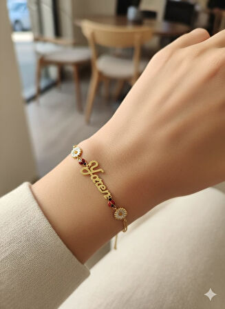 925 Ayar Papatya Silver Özel İsimli Uğur Böceği Papatya Bileklik.rose.gold.rodaj