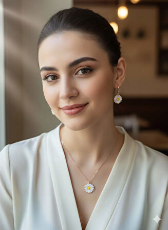 925 Ayar Papatya Silver Yılbaşı Özel Tasarım Papatya Kolye Küpe Set.rose.gold.rodaj