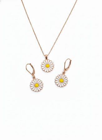 925 Ayar Papatya Silver Yılbaşı Özel Tasarım Papatya Kolye Küpe Set.rose.gold.rodaj