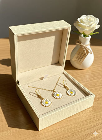 925 Ayar Papatya Silver Yılbaşı Özel Tasarım Papatya Kolye Küpe Set.rose.gold.rodaj