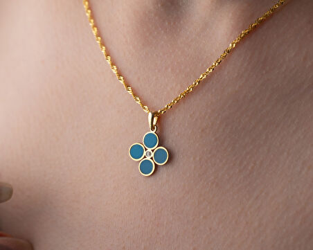 925 ayar papatya silver gök mavisi dört yaprak pırlanta kolye<rose,gold,rodaj>