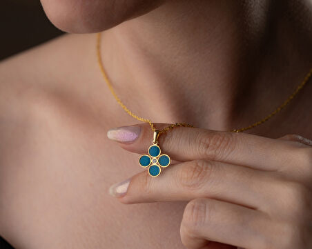 925 ayar papatya silver gök mavisi dört yaprak pırlanta kolye<rose,gold,rodaj>