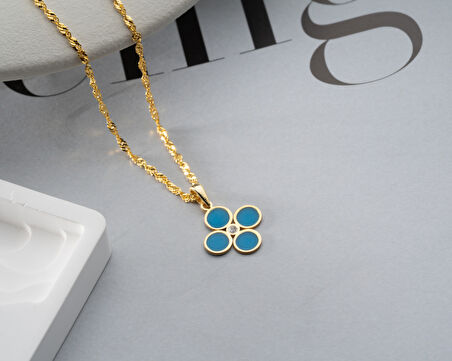 925 ayar papatya silver gök mavisi dört yaprak pırlanta kolye<rose,gold,rodaj>