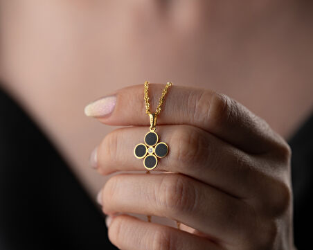 925 ayar papatya silver gece siyahı dört yaprak pırlanta kolye<rose,gold,rodaj>