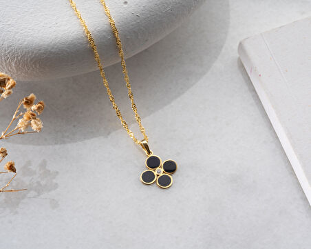 925 ayar papatya silver gece siyahı dört yaprak pırlanta kolye<rose,gold,rodaj>